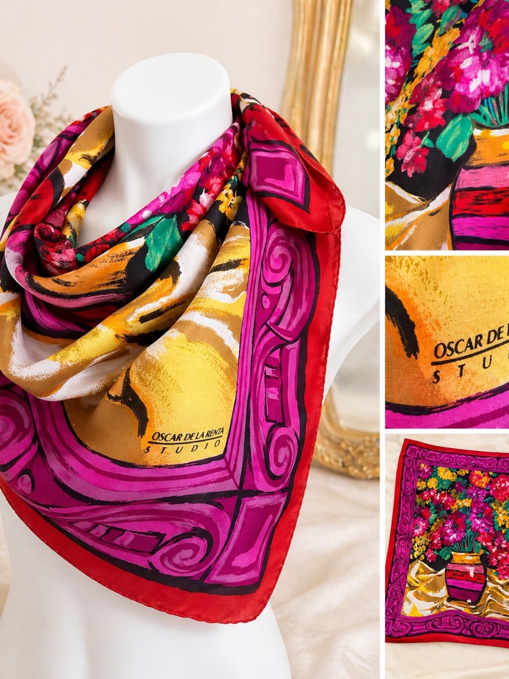 Vintage Oscar de la Renta Studio Silk Scarf Floral Bouquet Magenta Black Gold - Picture 2 of 7